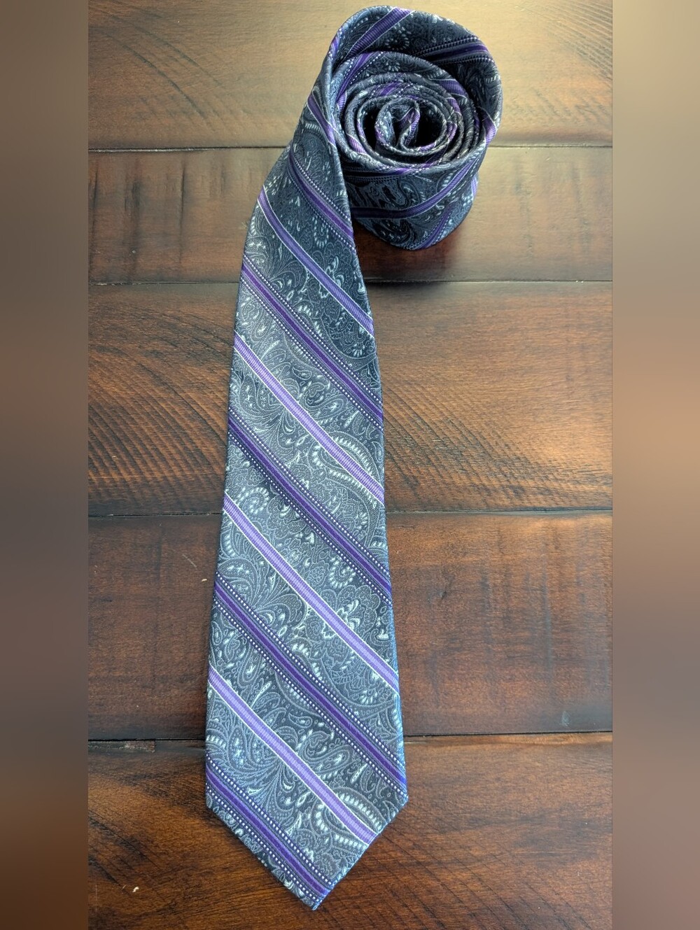 Pronto Uomo Men's Gray Purple Striped Paisley 100% Silk Hand Made Neck Tie cthny
